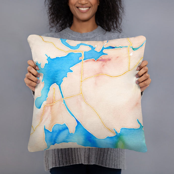 Person holding 18x18 Custom Greers Ferry Arkansas Map Throw Pillow in Watercolor