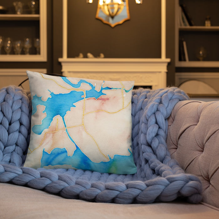Custom Greers Ferry Arkansas Map Throw Pillow in Watercolor on Cream Colored Couch