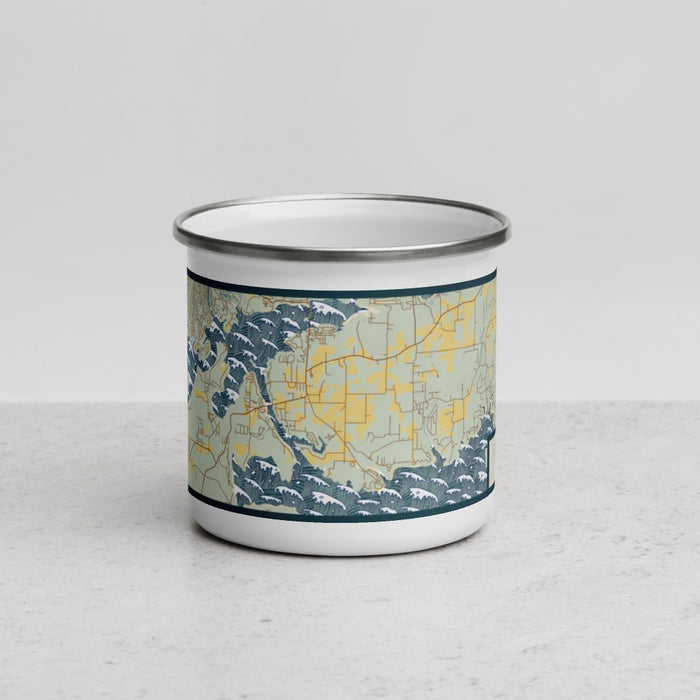Front View Custom Greers Ferry Arkansas Map Enamel Mug in Woodblock