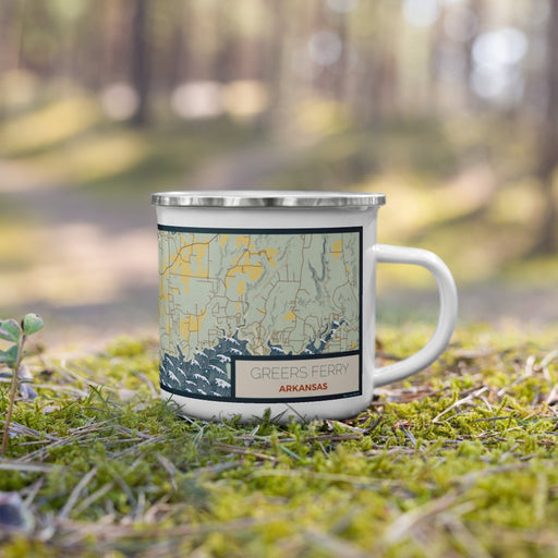 Right View Custom Greers Ferry Arkansas Map Enamel Mug in Woodblock on Grass With Trees in Background