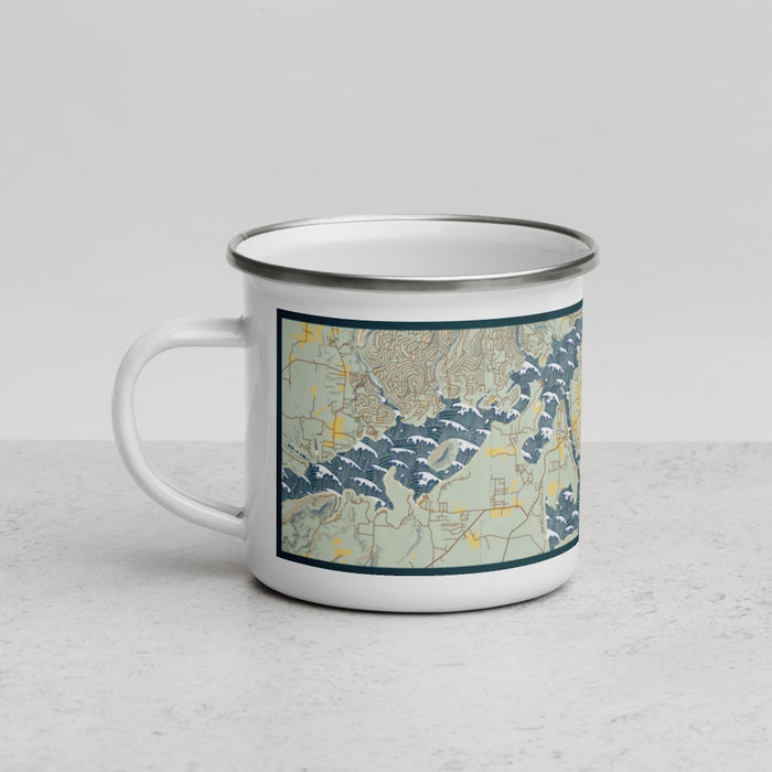 Left View Custom Greers Ferry Arkansas Map Enamel Mug in Woodblock