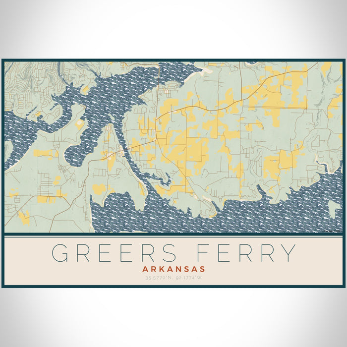 Greers Ferry Arkansas Map Print Landscape Orientation in Woodblock Style With Shaded Background