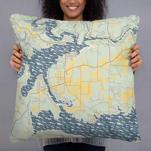 Person holding 22x22 Custom Greers Ferry Arkansas Map Throw Pillow in Woodblock