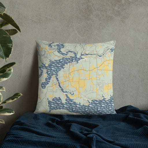 Custom Greers Ferry Arkansas Map Throw Pillow in Woodblock on Bedding Against Wall