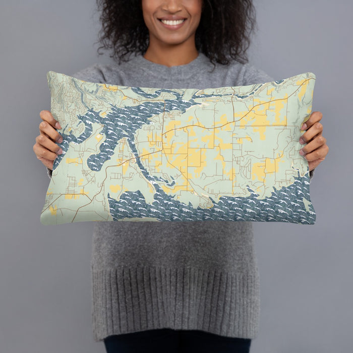 Person holding 20x12 Custom Greers Ferry Arkansas Map Throw Pillow in Woodblock