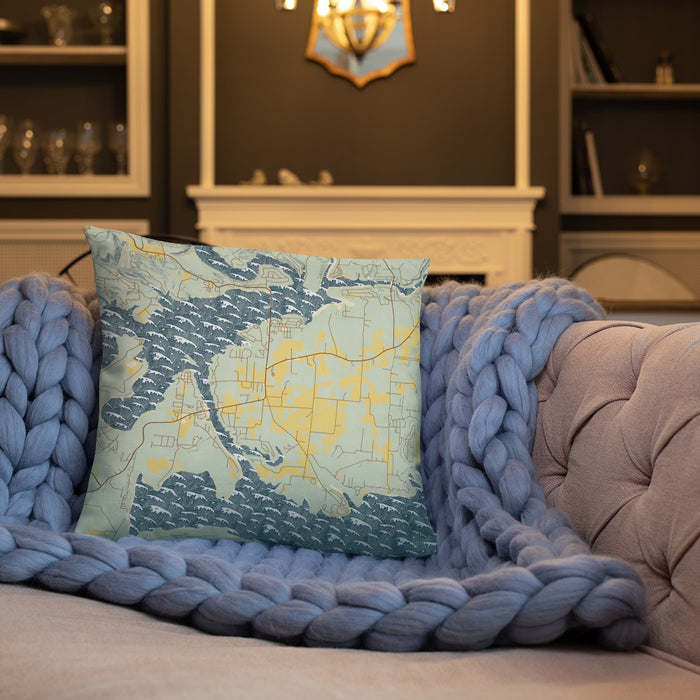 Custom Greers Ferry Arkansas Map Throw Pillow in Woodblock on Cream Colored Couch
