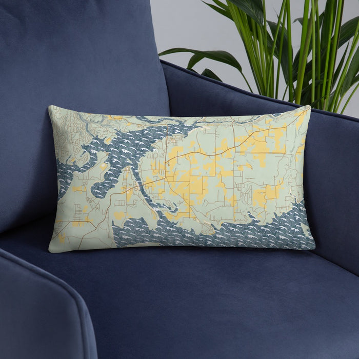 Custom Greers Ferry Arkansas Map Throw Pillow in Woodblock on Blue Colored Chair
