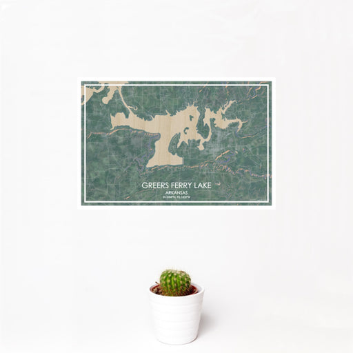 12x18 Greers Ferry Lake Arkansas Map Print Landscape Orientation in Afternoon Style With Small Cactus Plant in White Planter