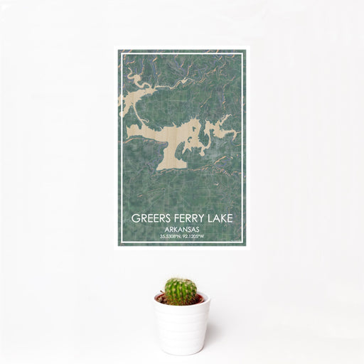 12x18 Greers Ferry Lake Arkansas Map Print Portrait Orientation in Afternoon Style With Small Cactus Plant in White Planter