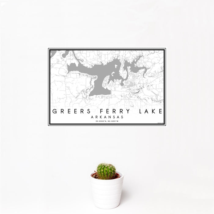12x18 Greers Ferry Lake Arkansas Map Print Landscape Orientation in Classic Style With Small Cactus Plant in White Planter