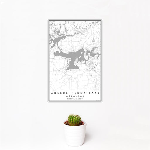 12x18 Greers Ferry Lake Arkansas Map Print Portrait Orientation in Classic Style With Small Cactus Plant in White Planter