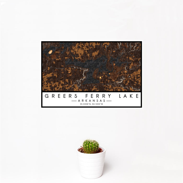 12x18 Greers Ferry Lake Arkansas Map Print Landscape Orientation in Ember Style With Small Cactus Plant in White Planter