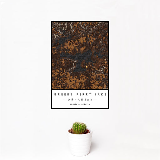 12x18 Greers Ferry Lake Arkansas Map Print Portrait Orientation in Ember Style With Small Cactus Plant in White Planter