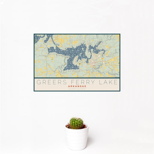 12x18 Greers Ferry Lake Arkansas Map Print Landscape Orientation in Woodblock Style With Small Cactus Plant in White Planter