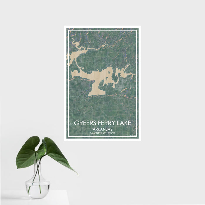16x24 Greers Ferry Lake Arkansas Map Print Portrait Orientation in Afternoon Style With Tropical Plant Leaves in Water