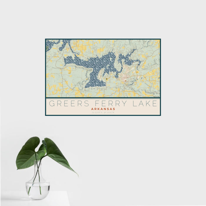 16x24 Greers Ferry Lake Arkansas Map Print Landscape Orientation in Woodblock Style With Tropical Plant Leaves in Water