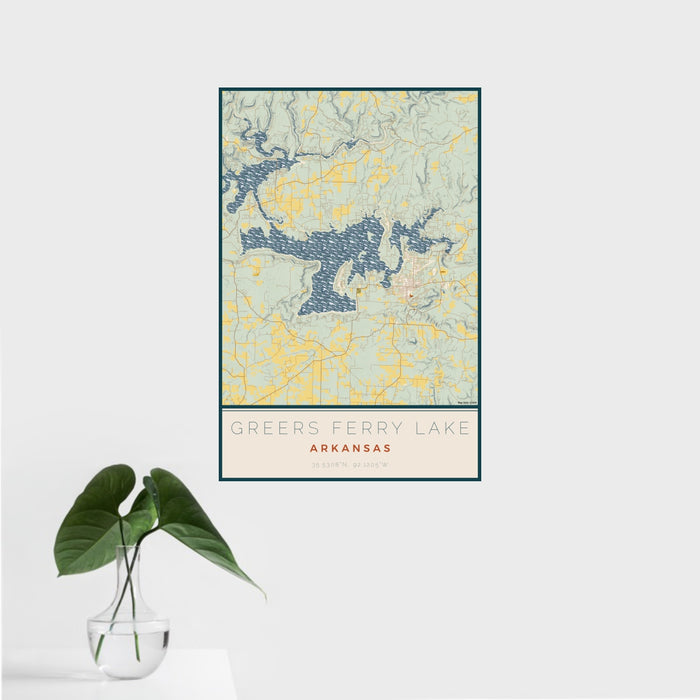 16x24 Greers Ferry Lake Arkansas Map Print Portrait Orientation in Woodblock Style With Tropical Plant Leaves in Water
