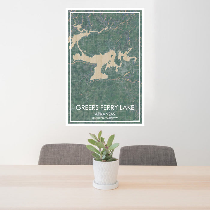 24x36 Greers Ferry Lake Arkansas Map Print Portrait Orientation in Afternoon Style Behind 2 Chairs Table and Potted Plant