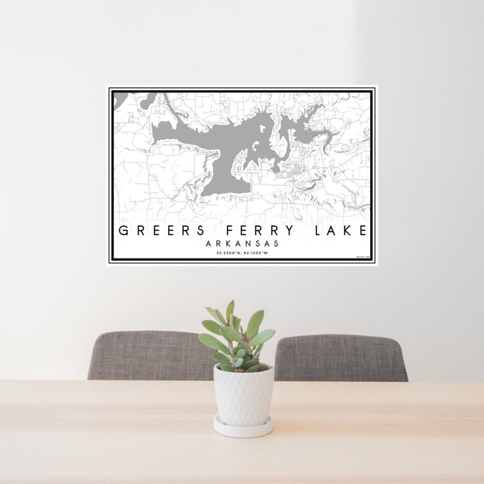24x36 Greers Ferry Lake Arkansas Map Print Lanscape Orientation in Classic Style Behind 2 Chairs Table and Potted Plant