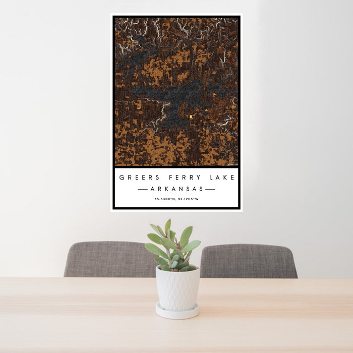 24x36 Greers Ferry Lake Arkansas Map Print Portrait Orientation in Ember Style Behind 2 Chairs Table and Potted Plant