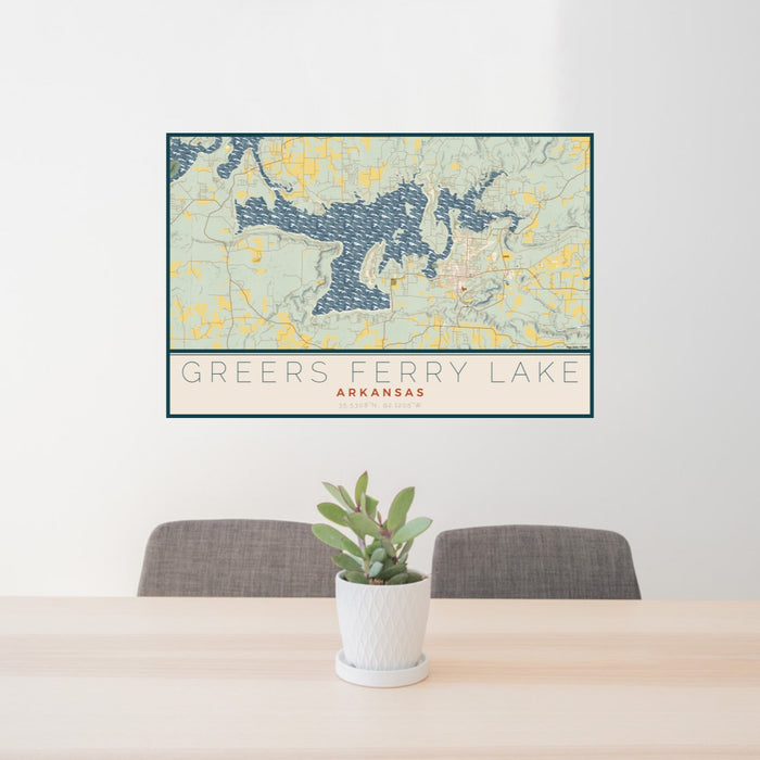 24x36 Greers Ferry Lake Arkansas Map Print Lanscape Orientation in Woodblock Style Behind 2 Chairs Table and Potted Plant
