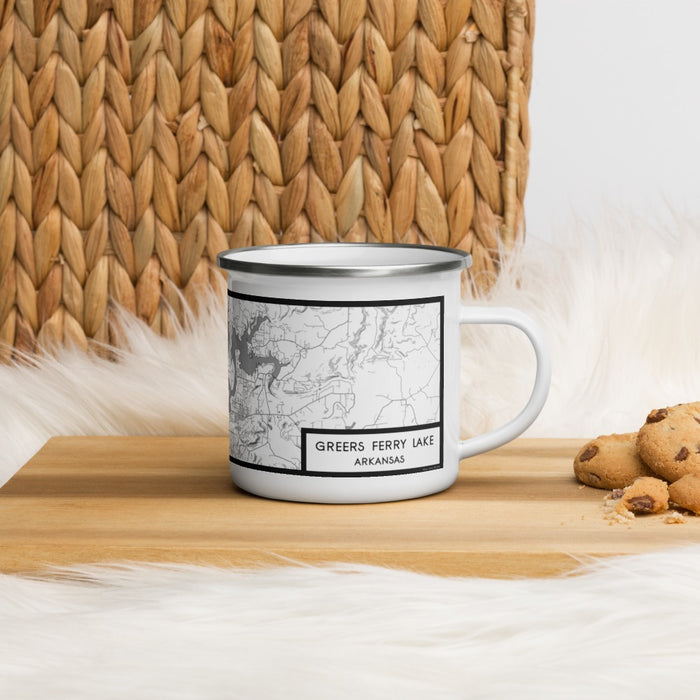 Right View Custom Greers Ferry Lake Arkansas Map Enamel Mug in Classic on Grass With Trees in Background