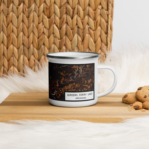 Right View Custom Greers Ferry Lake Arkansas Map Enamel Mug in Ember on Grass With Trees in Background