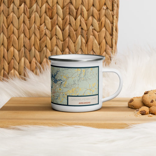 Right View Custom Greers Ferry Lake Arkansas Map Enamel Mug in Woodblock on Grass With Trees in Background