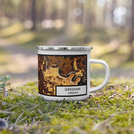 Right View Custom Gresham Oregon Map Enamel Mug in Ember on Grass With Trees in Background