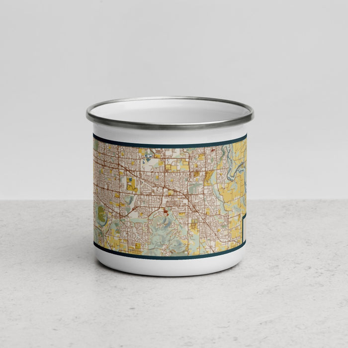 Front View Custom Gresham Oregon Map Enamel Mug in Woodblock