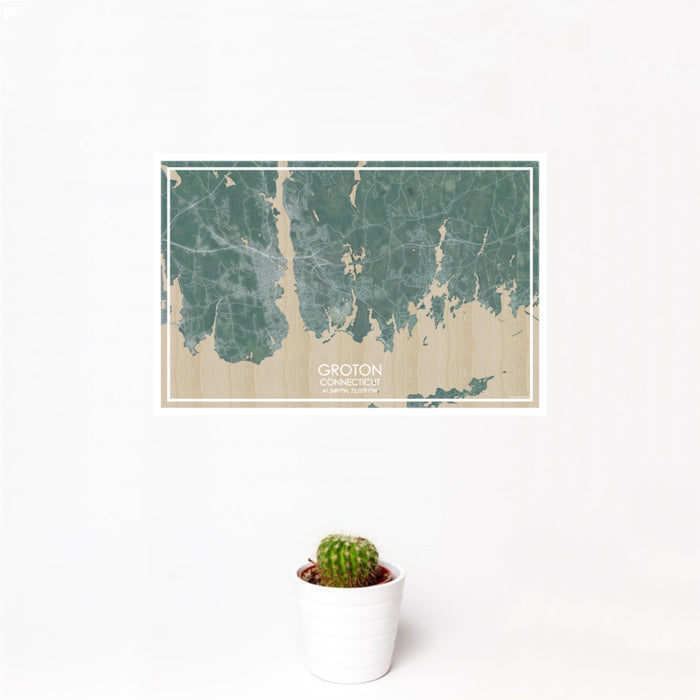 12x18 Groton Connecticut Map Print Landscape Orientation in Afternoon Style With Small Cactus Plant in White Planter