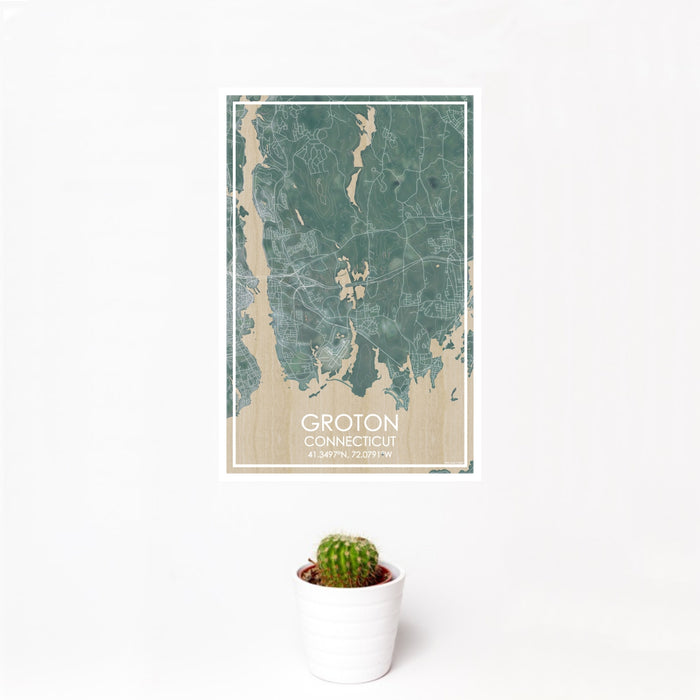 12x18 Groton Connecticut Map Print Portrait Orientation in Afternoon Style With Small Cactus Plant in White Planter