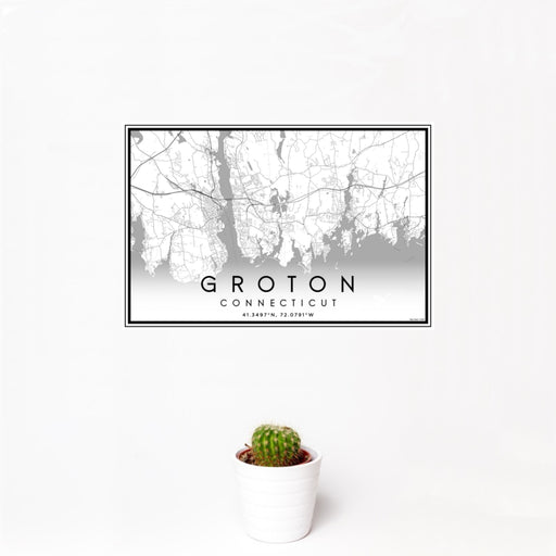 12x18 Groton Connecticut Map Print Landscape Orientation in Classic Style With Small Cactus Plant in White Planter