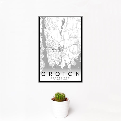 12x18 Groton Connecticut Map Print Portrait Orientation in Classic Style With Small Cactus Plant in White Planter