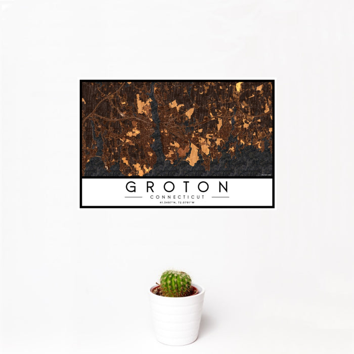 12x18 Groton Connecticut Map Print Landscape Orientation in Ember Style With Small Cactus Plant in White Planter
