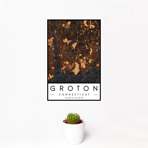 12x18 Groton Connecticut Map Print Portrait Orientation in Ember Style With Small Cactus Plant in White Planter