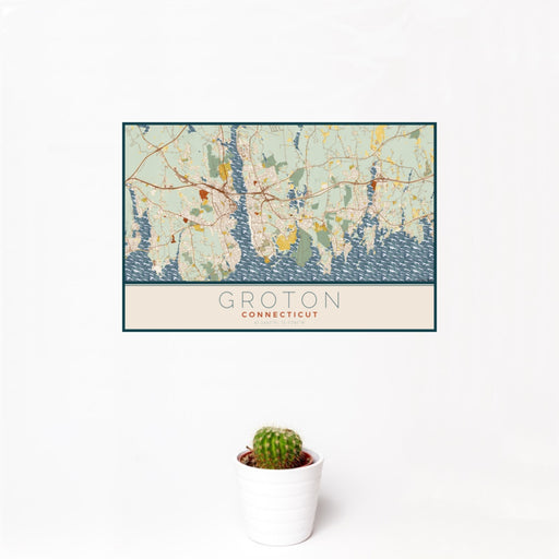 12x18 Groton Connecticut Map Print Landscape Orientation in Woodblock Style With Small Cactus Plant in White Planter