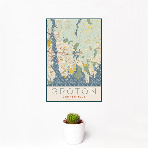 12x18 Groton Connecticut Map Print Portrait Orientation in Woodblock Style With Small Cactus Plant in White Planter