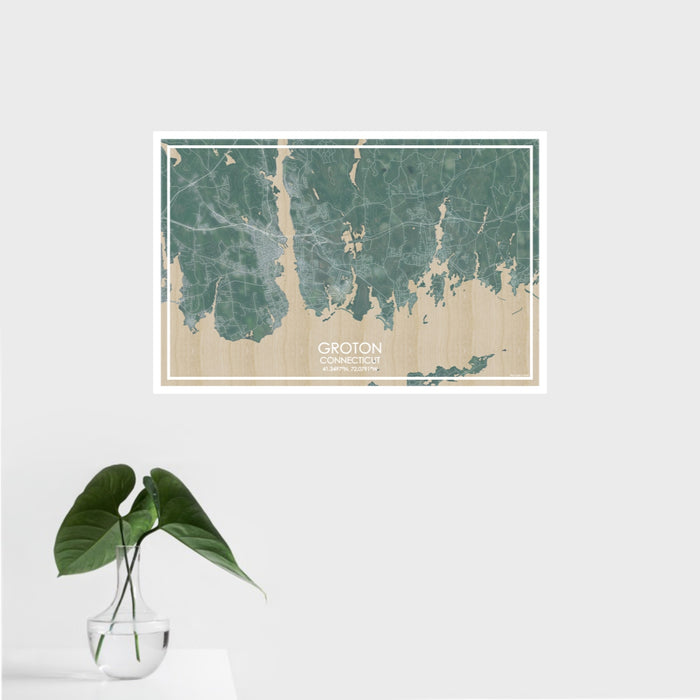16x24 Groton Connecticut Map Print Landscape Orientation in Afternoon Style With Tropical Plant Leaves in Water
