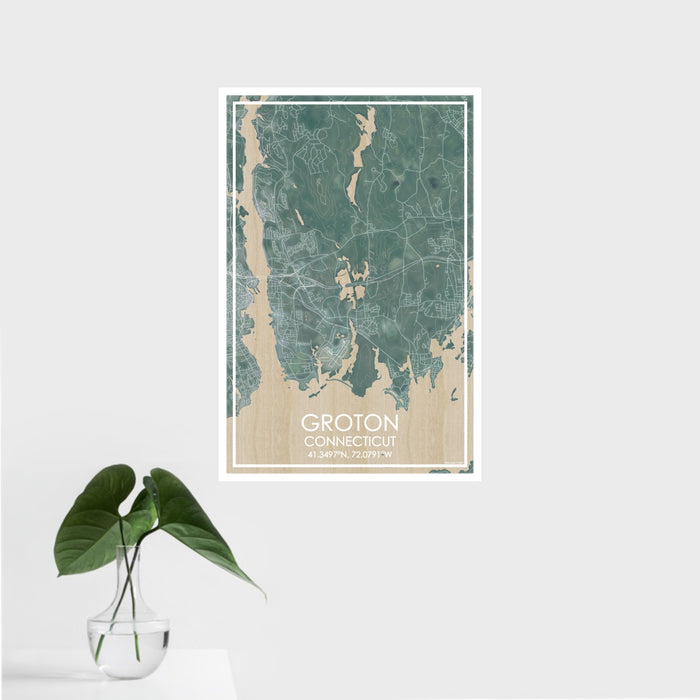 16x24 Groton Connecticut Map Print Portrait Orientation in Afternoon Style With Tropical Plant Leaves in Water