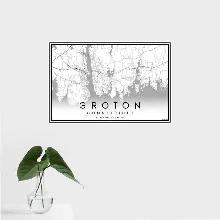 16x24 Groton Connecticut Map Print Landscape Orientation in Classic Style With Tropical Plant Leaves in Water