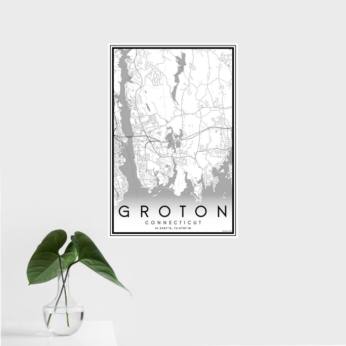 16x24 Groton Connecticut Map Print Portrait Orientation in Classic Style With Tropical Plant Leaves in Water