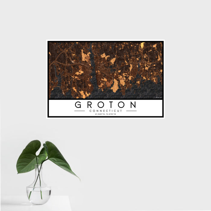 16x24 Groton Connecticut Map Print Landscape Orientation in Ember Style With Tropical Plant Leaves in Water