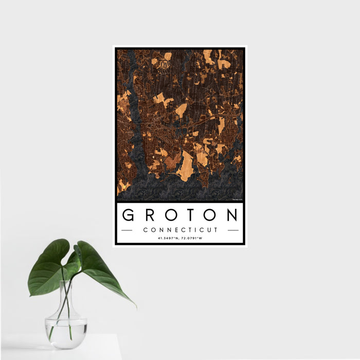 16x24 Groton Connecticut Map Print Portrait Orientation in Ember Style With Tropical Plant Leaves in Water