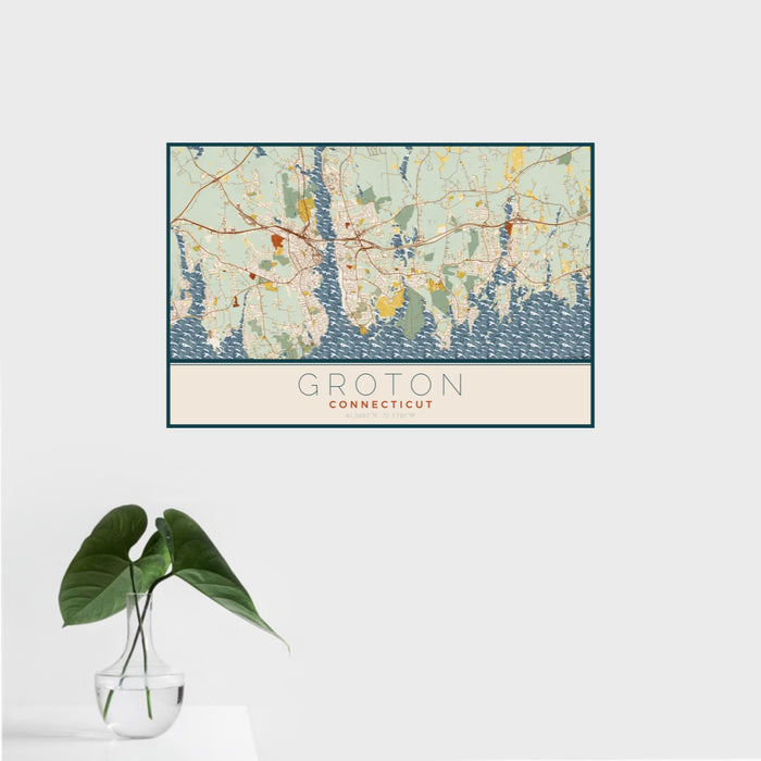 16x24 Groton Connecticut Map Print Landscape Orientation in Woodblock Style With Tropical Plant Leaves in Water