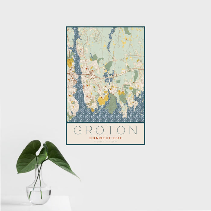 16x24 Groton Connecticut Map Print Portrait Orientation in Woodblock Style With Tropical Plant Leaves in Water