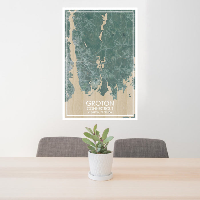 24x36 Groton Connecticut Map Print Portrait Orientation in Afternoon Style Behind 2 Chairs Table and Potted Plant