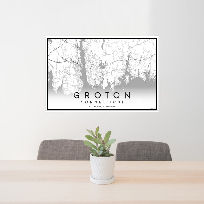 24x36 Groton Connecticut Map Print Lanscape Orientation in Classic Style Behind 2 Chairs Table and Potted Plant