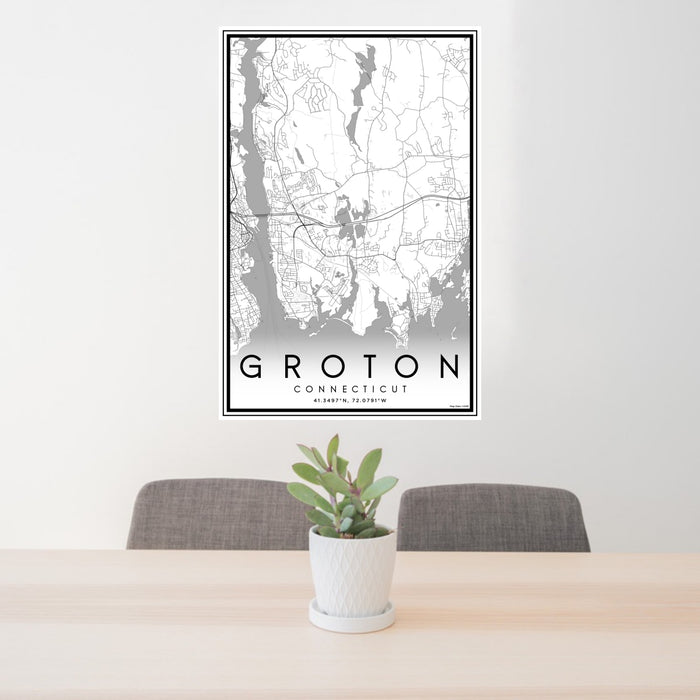 24x36 Groton Connecticut Map Print Portrait Orientation in Classic Style Behind 2 Chairs Table and Potted Plant