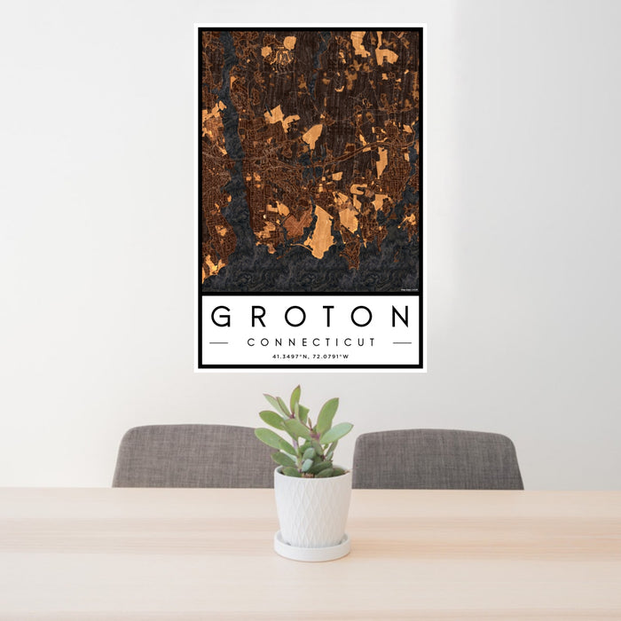 24x36 Groton Connecticut Map Print Portrait Orientation in Ember Style Behind 2 Chairs Table and Potted Plant